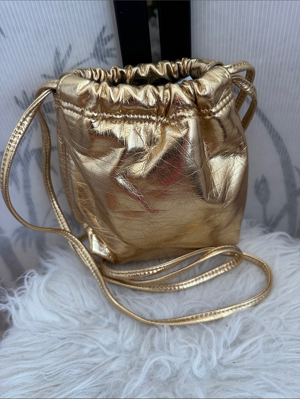 Zara Metallic Gold Drawstring Mini Crossbody Bag